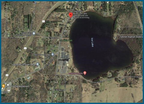 Map of Motel on lakefront of Ice Lake in Iron River Michigan