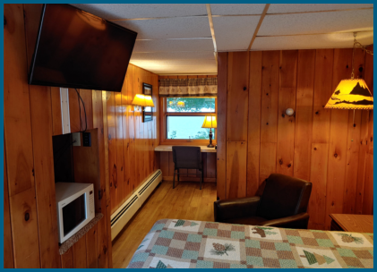 flatscreen TV, microwave, desk and bed in motel room