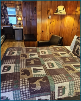 flatscreen TV, microwave, desk and bed in motel room