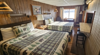 Efficiency Kitchenette, lakeside, double queen, shower stall, sleeps up to 4 people